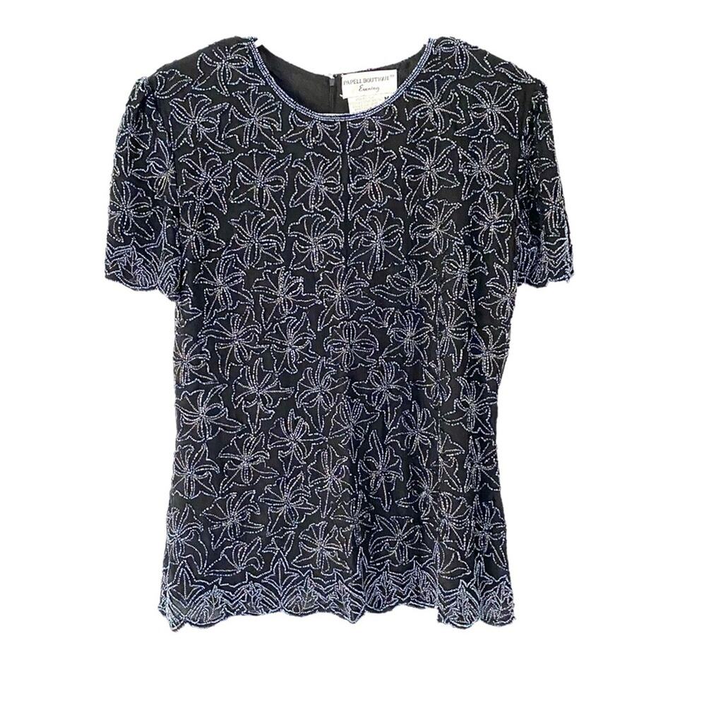 Papell Boutique Evening Black Blue Beaded Floral Embroidered Silk Cocktail Top
